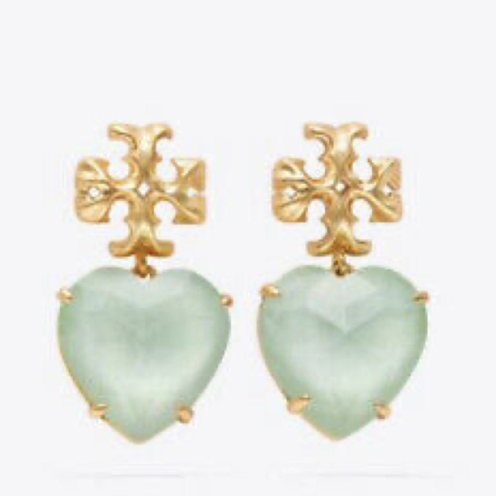 Tory Burch Authentic Roxanne Gold & Crystal Heart Earrings Soft Mint Green NWOT - Picture 2 of 11